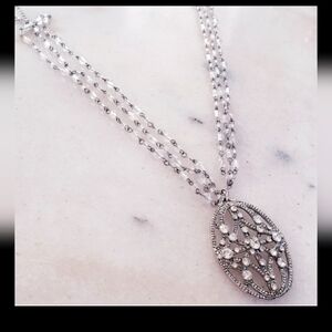 Monet Silver Tone Metal Three Strand Crystal Necklace Round Pendant